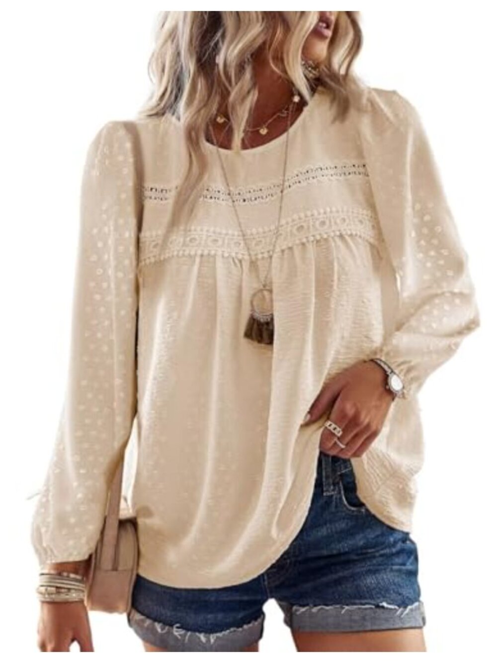 Womens Crochet Lace Boho Blouse Long Sleeve Crew Neck Flowy Top